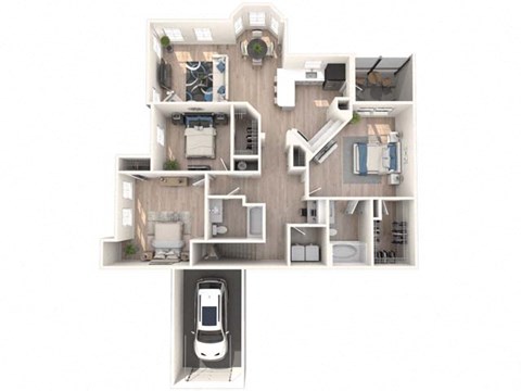 A detailed 3D floor plan of a modern apartment.